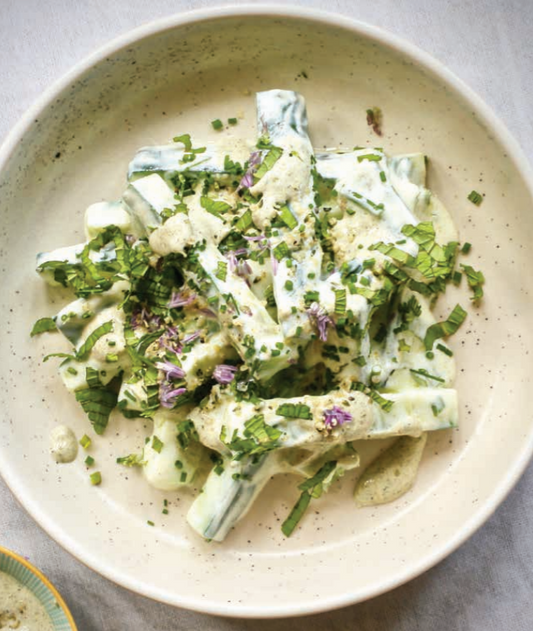 Yoghurty cucumbers with hemp tahini